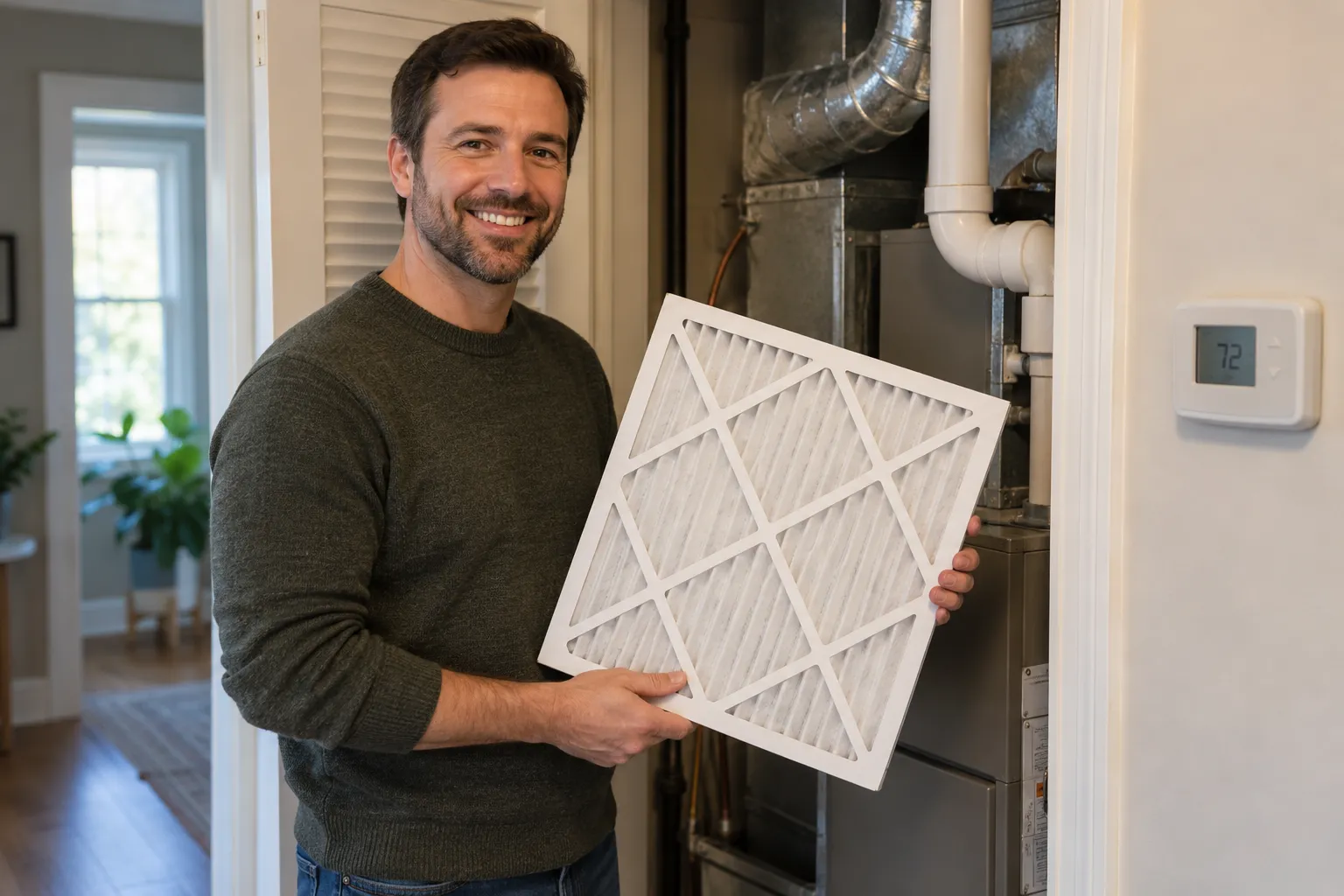 A homeowner checking a furnace filter in a cozy home in the Tacoma area